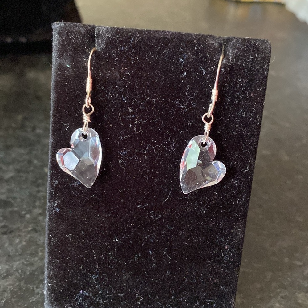 Heart crystal silver French‎ wire dangle earrings